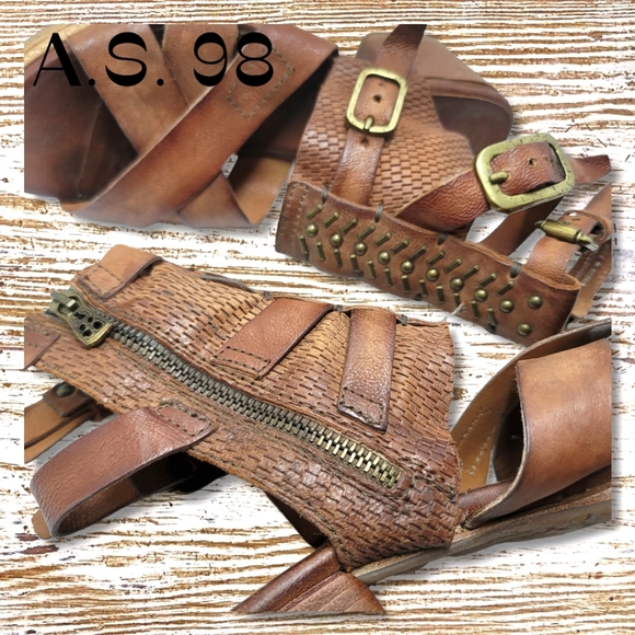 A.S. 98 Leather Gladiator Heeled Boots with Brass Accents Woven Leather - Picture 7 of 8